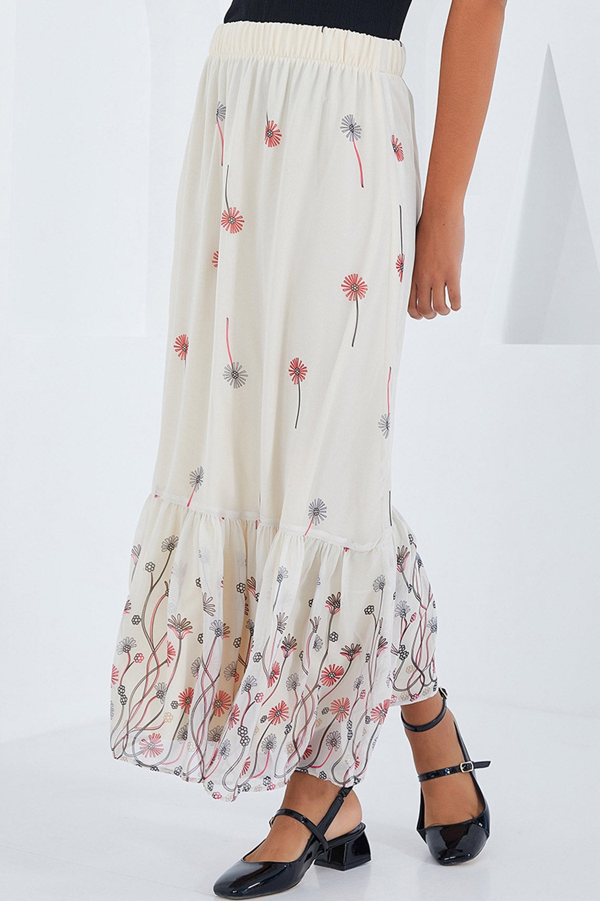 Ecru Patterned Chiffon Skirt