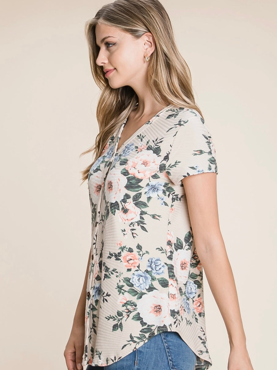 Floral Print Faux Button Top
