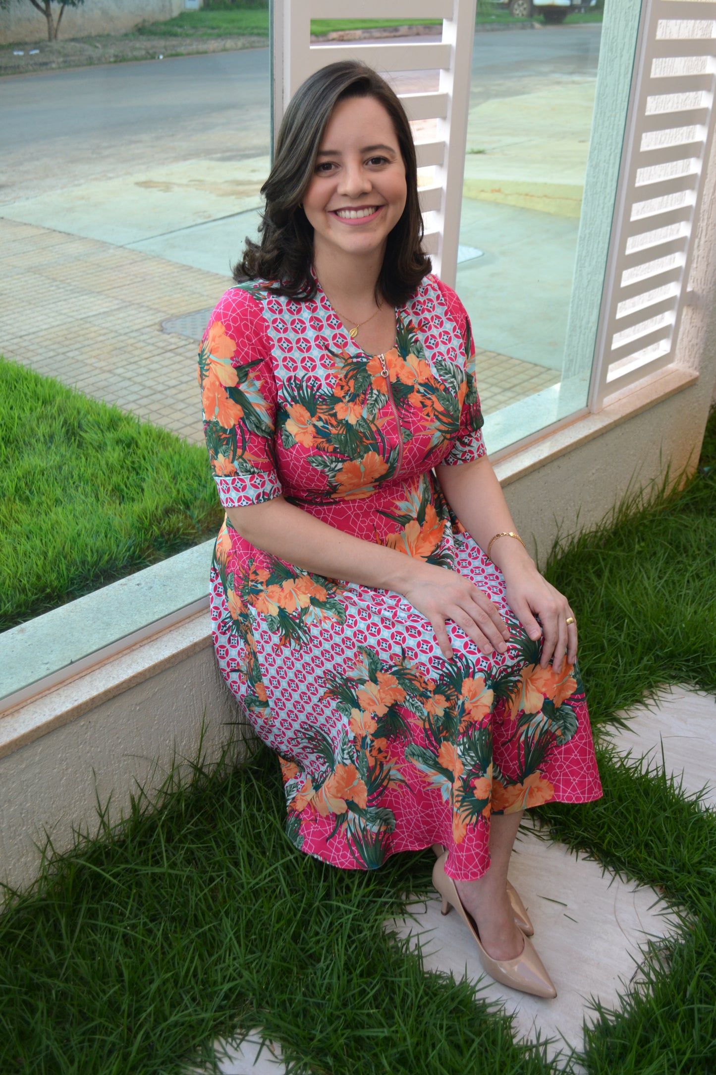 PINK MIDI DRESS WITH ORANGE FLOWERS