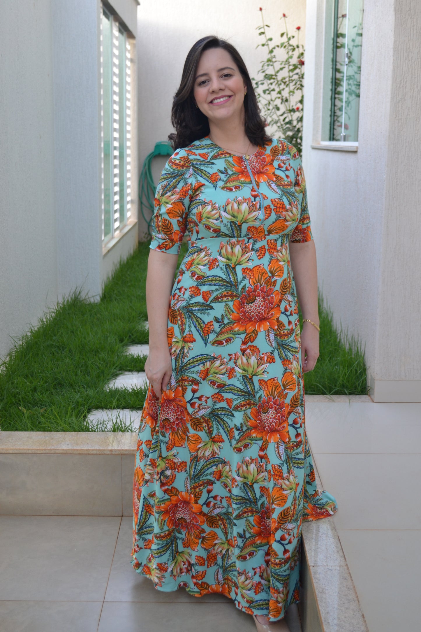 AQUA GREEN MAXI DRESS WITH ORANGE FLOWERS