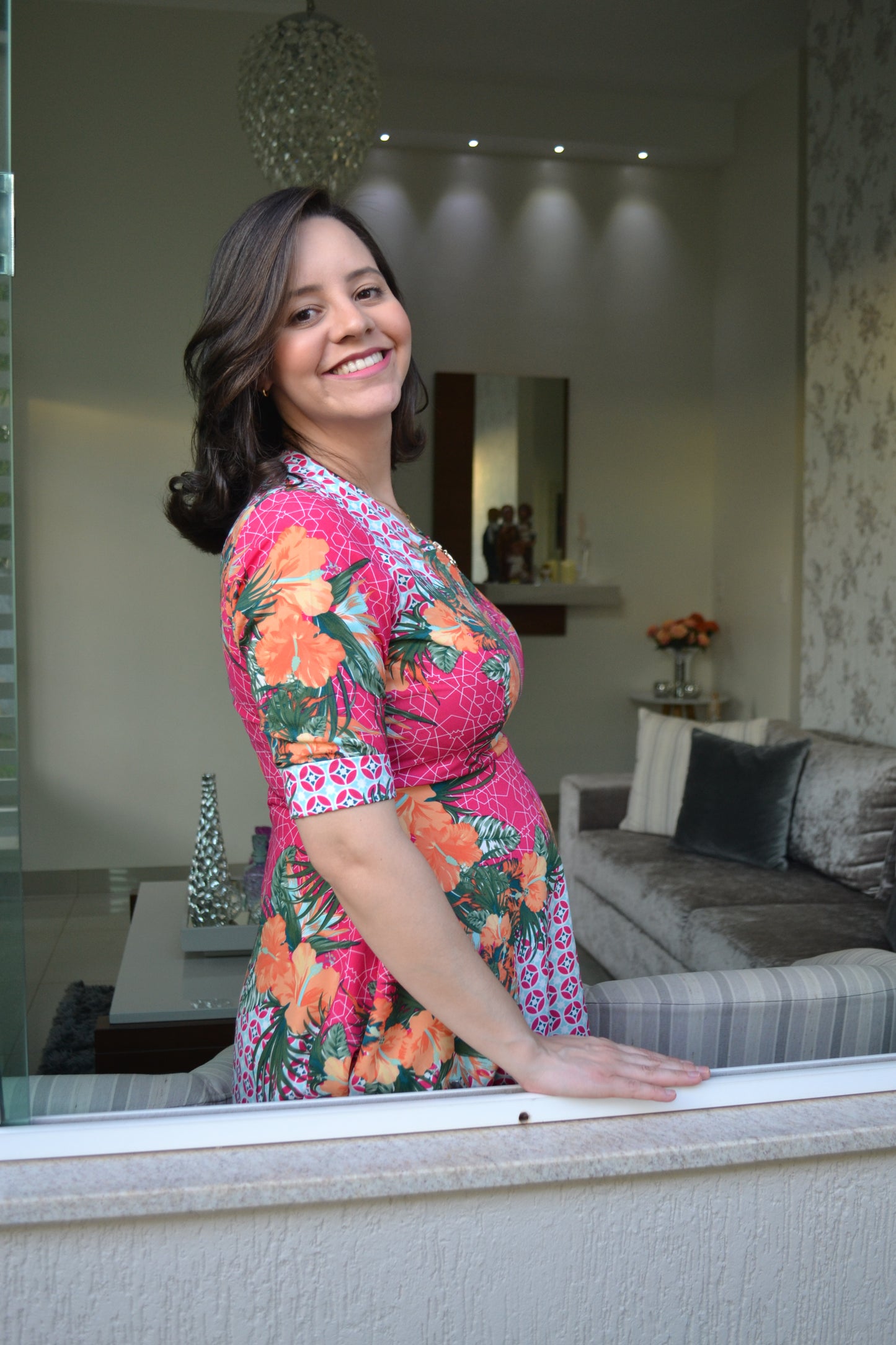 PINK MIDI DRESS WITH ORANGE FLOWERS