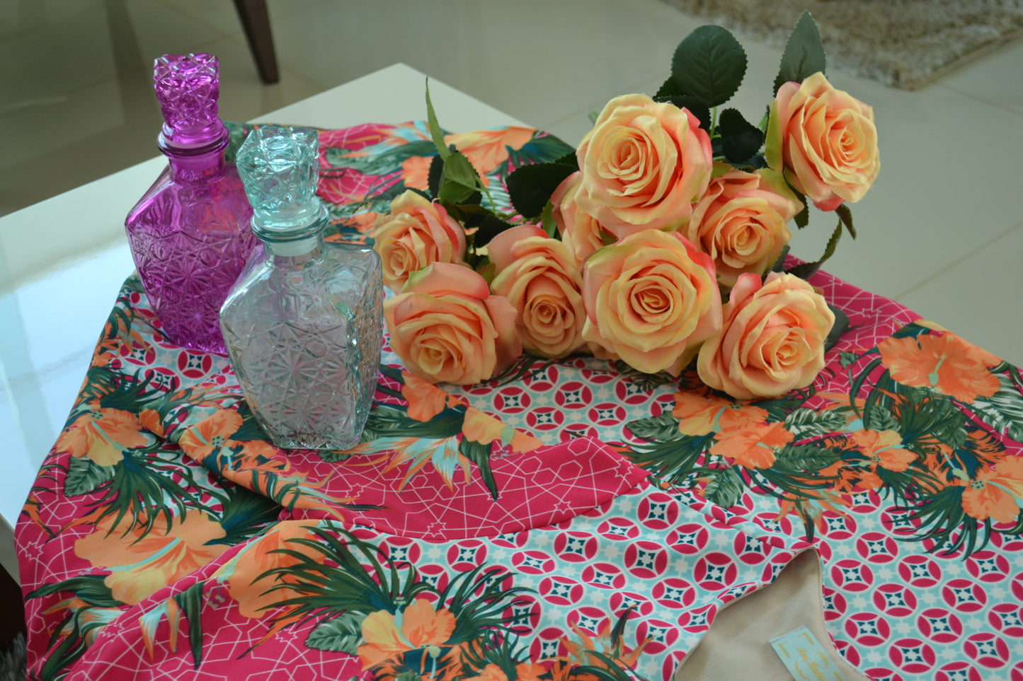 PINK MIDI DRESS WITH ORANGE FLOWERS