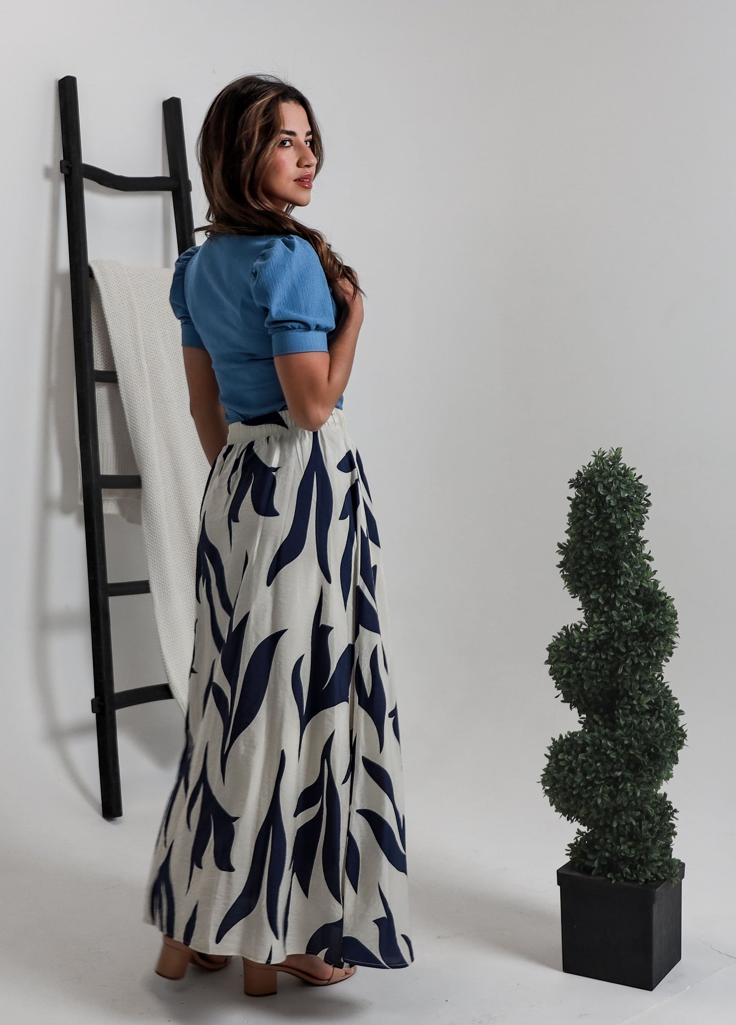 Patterned Long Skirt - Navy Blue