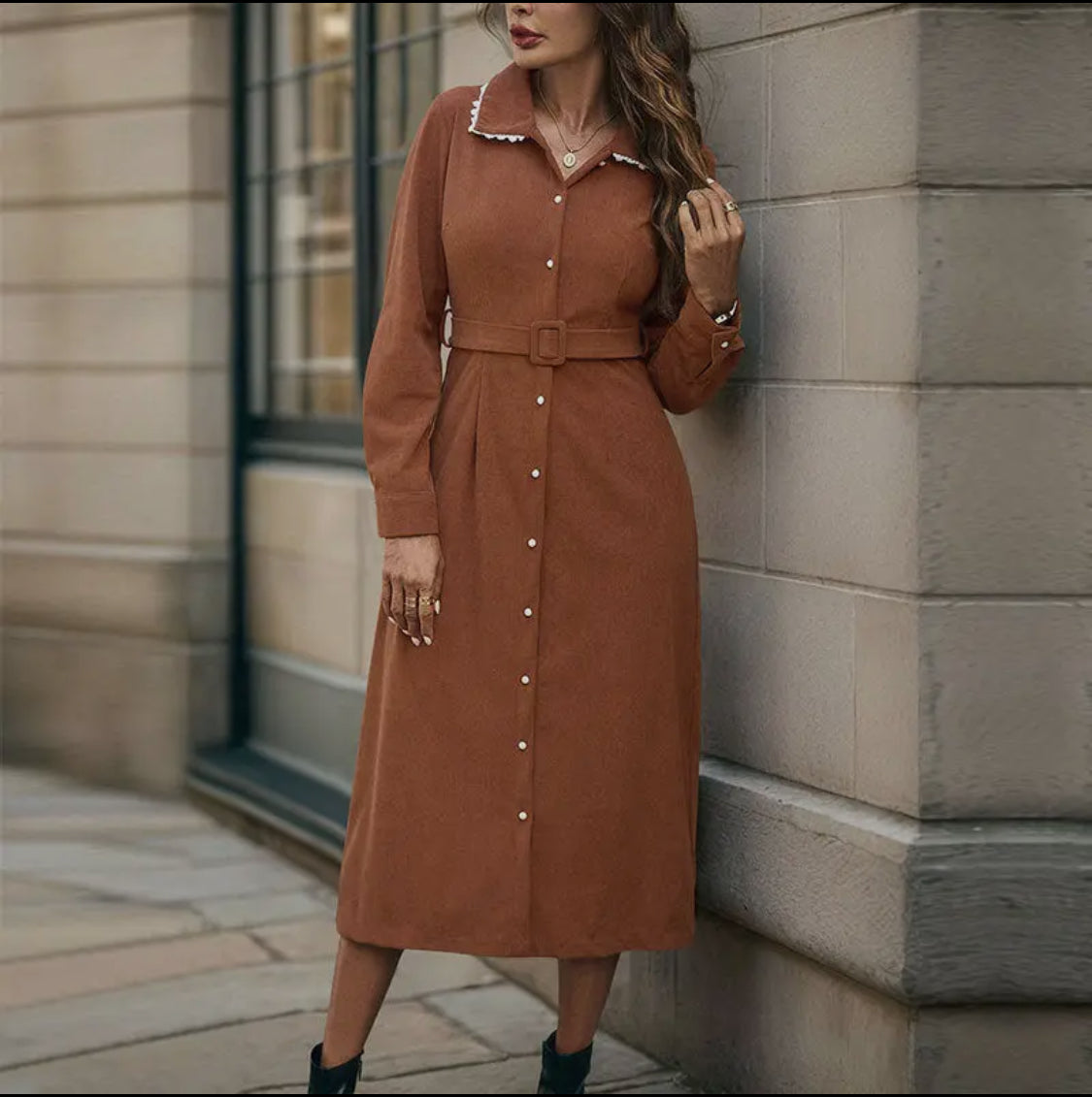 Corduroy Belted Shirt Dress with Lace Collar - Coffee Brown