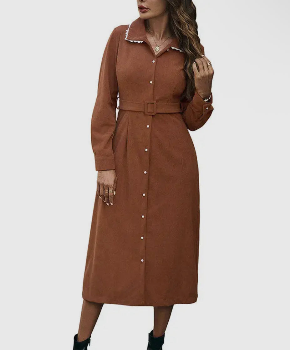 Corduroy Belted Shirt Dress with Lace Collar - Coffee Brown Style & Dignity Corduroy Belted Shirt Dress with Lace Collar - Coffee Brown Style & Dignity