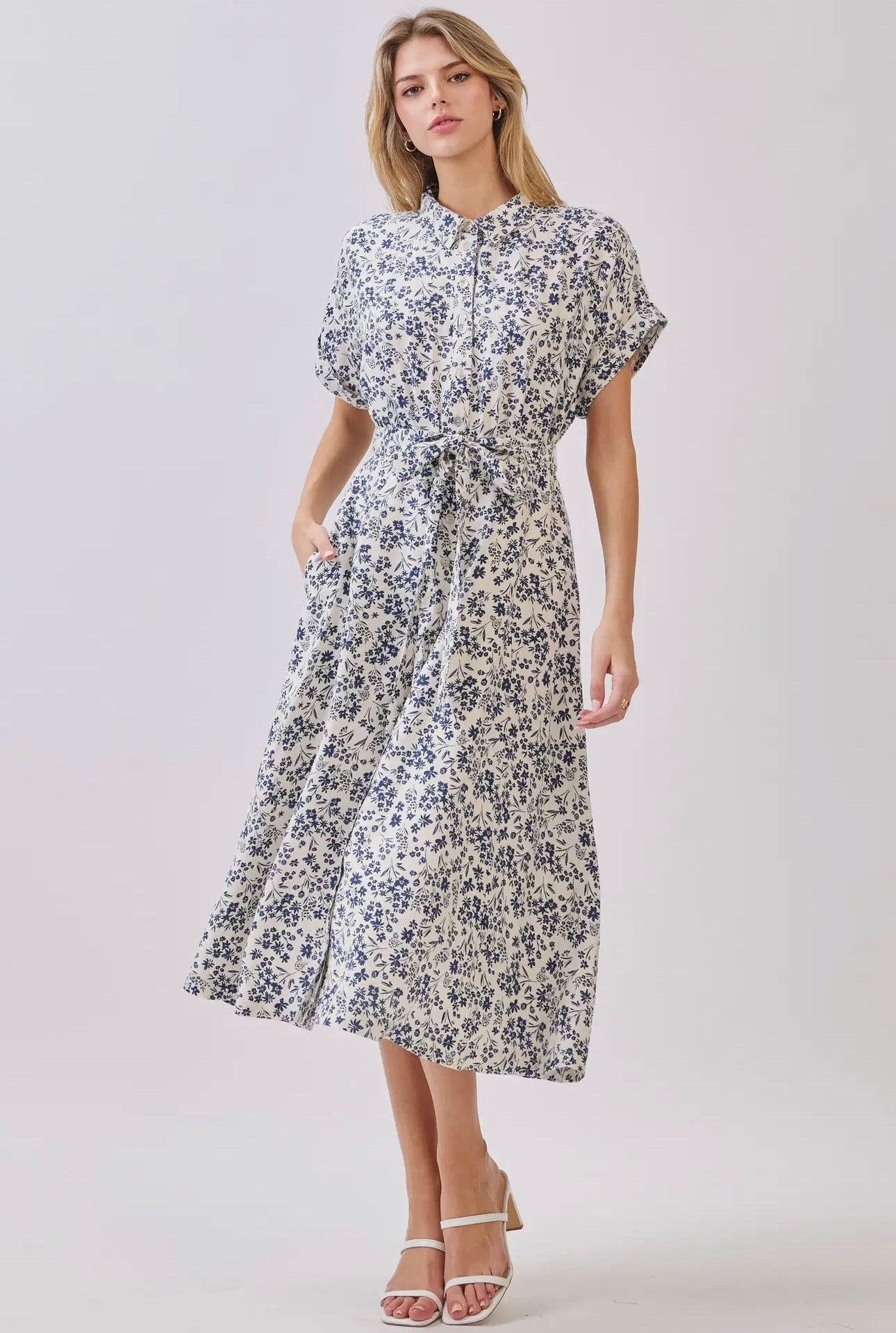 Collar Neck Waist Tie Midi Dress - Cream