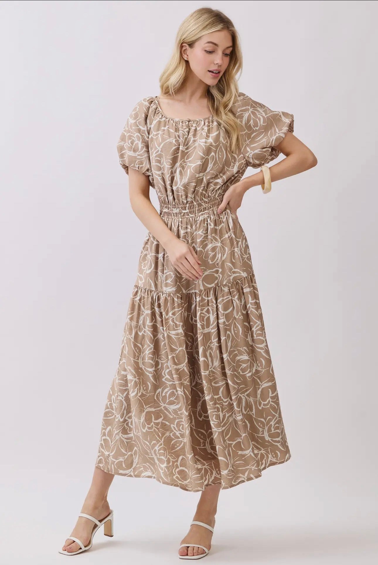 Round Neck Line Balloon Sleeve Midi Dress - Taupe