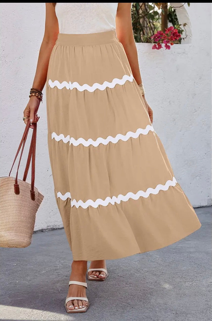 Waves Print Pleated Elastic Waist Band Skirt - Khaki