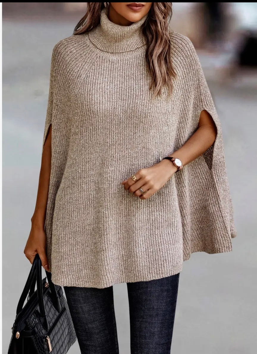 Solid Roll Neck Knit Loose Poncho - Beige