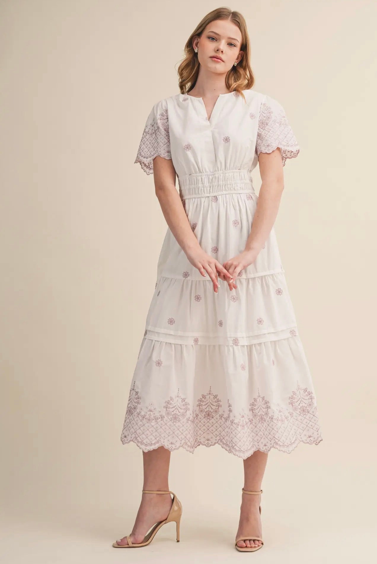 Floral Embroidery Tiered Midi Dress - Opera Mauve Floral