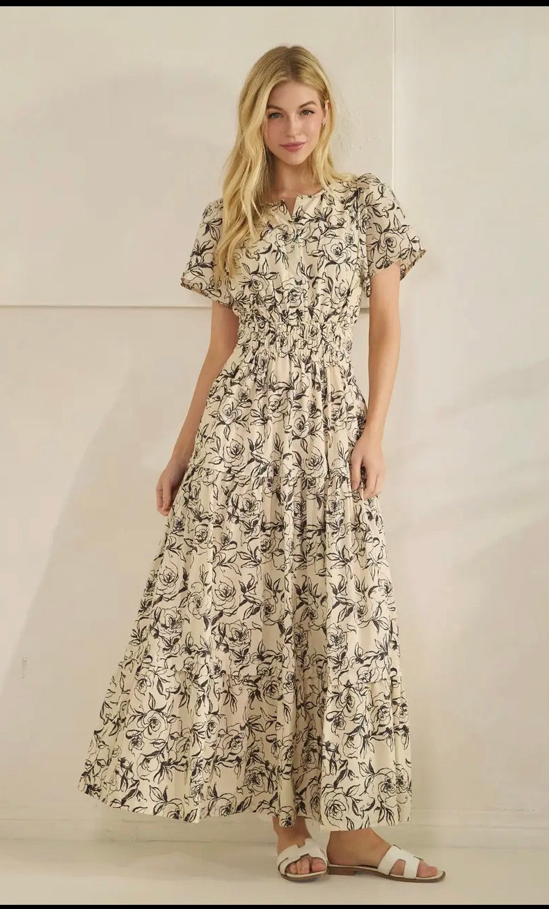 Romantic Rose Print Smocked Tiered Short Sleeve Maxi Dress - Ivory