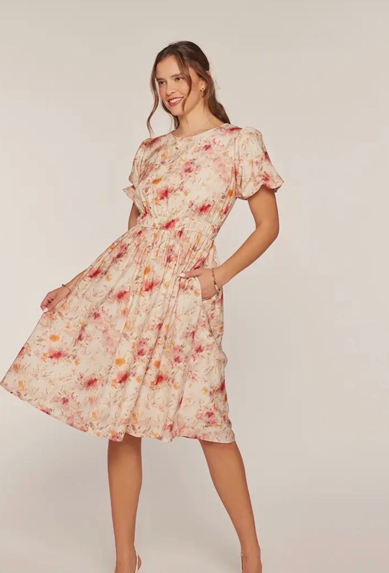Textured Floral Print Dress - Ivory/Blush