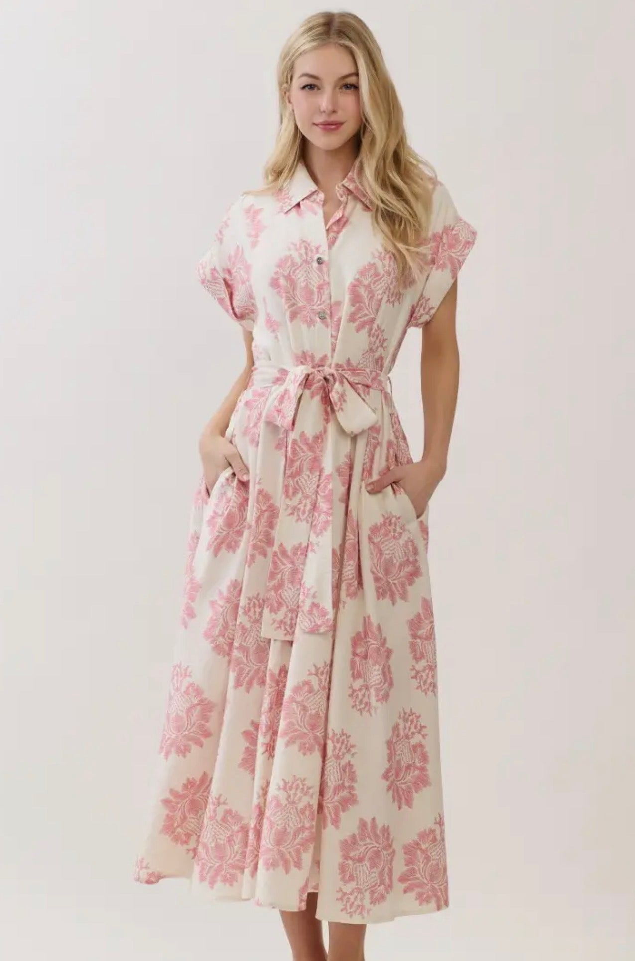 Damask Print Button Down Maxi Dress - Pink