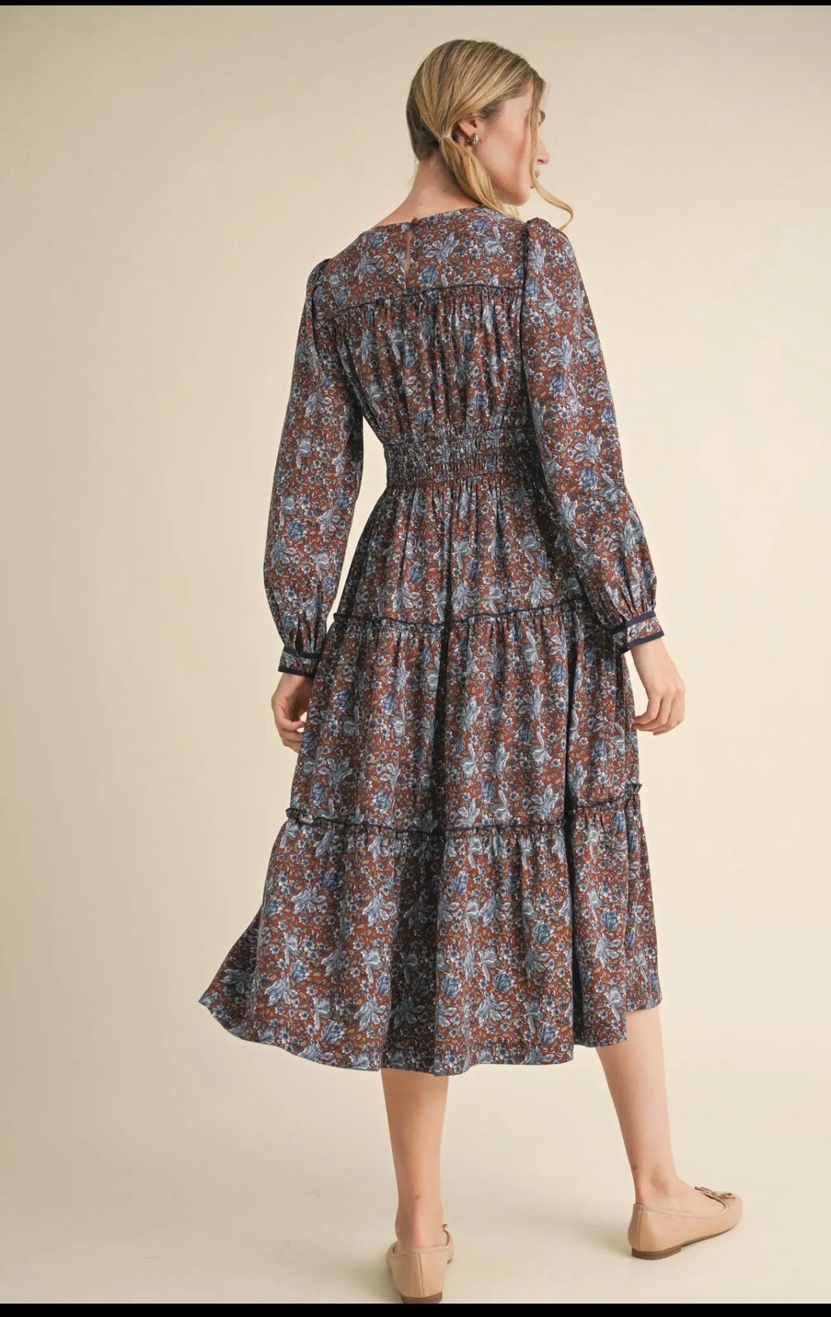 Floral Midi Dress with Contrast - Brick Floral
