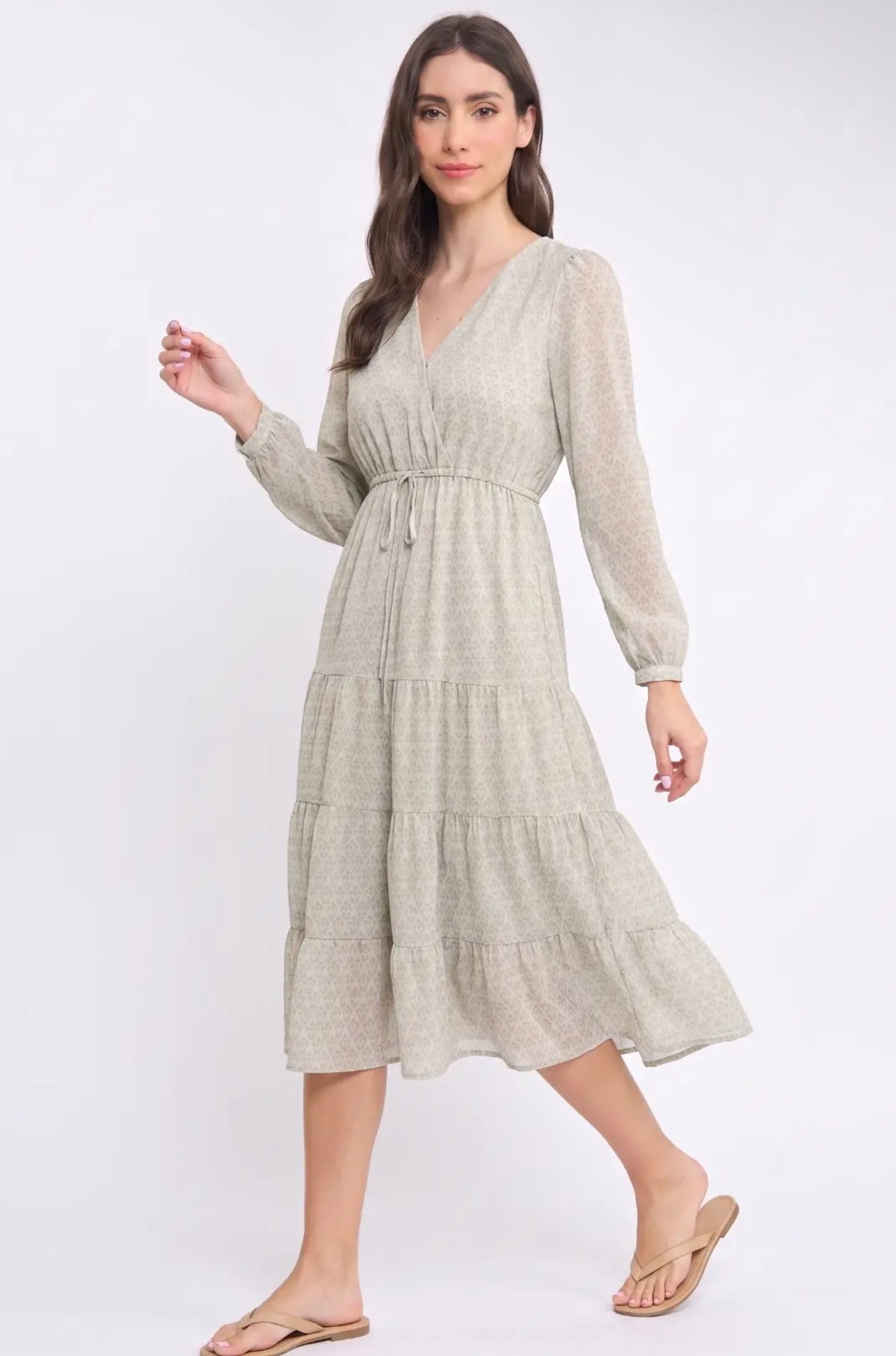 Long-Sleeve Soft Print Midi Dress