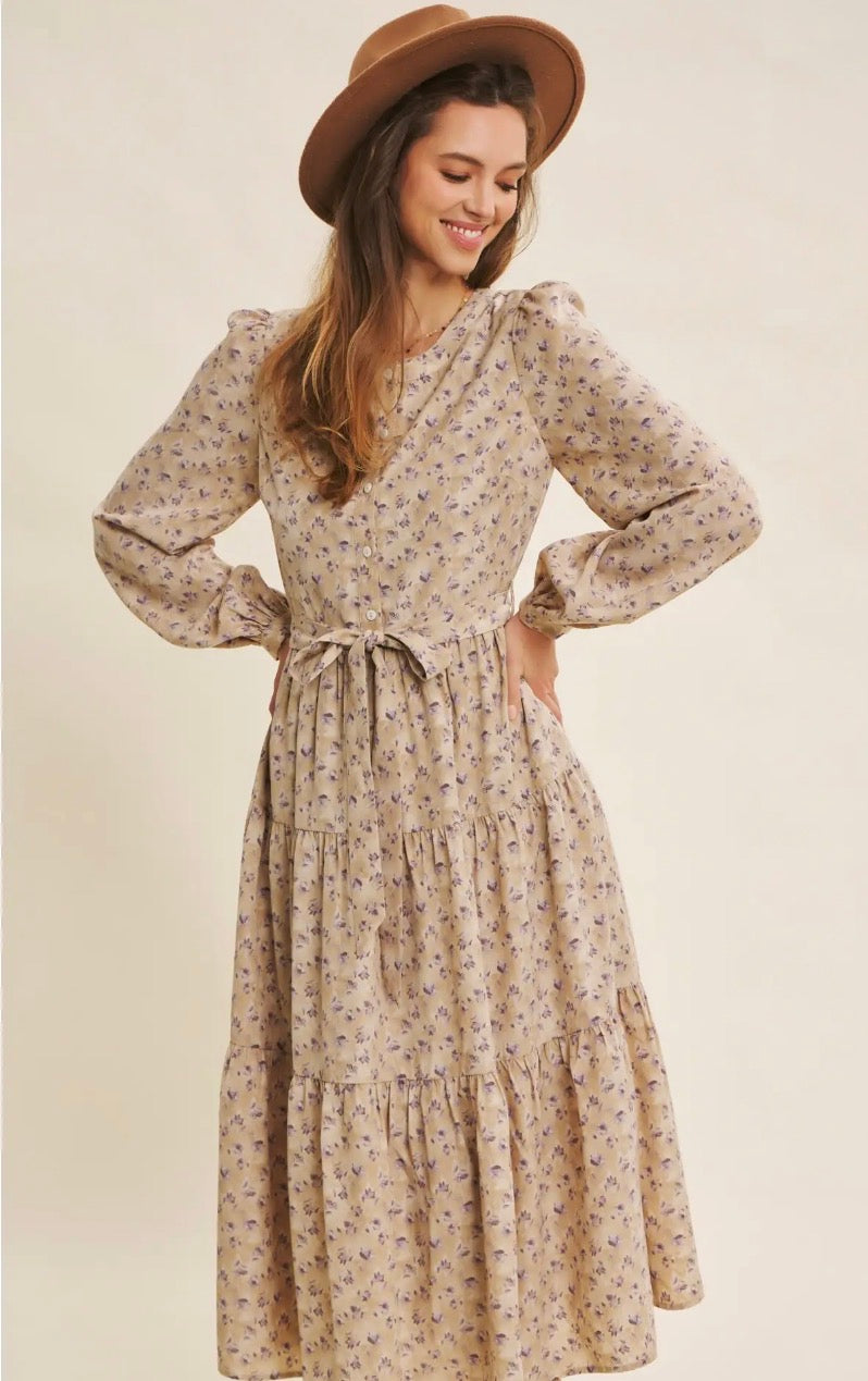 Lavender Morning Ditsy Floral Button-Front Tiered Midi Dress