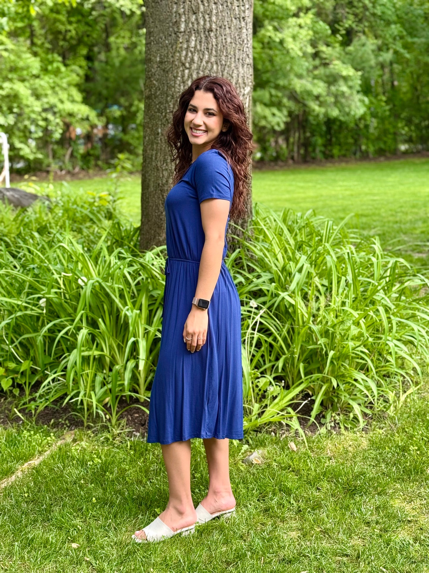 Solid Drawstring waist dress - Navy