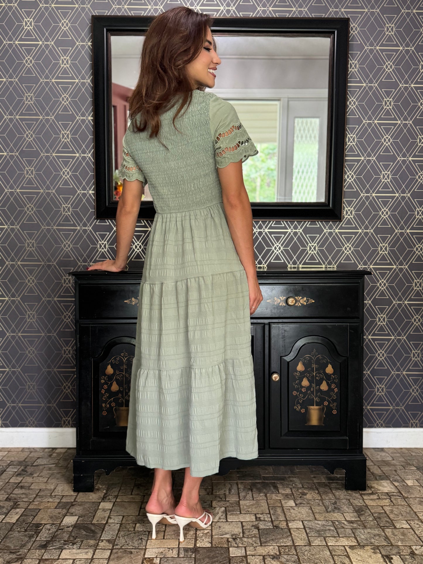 Lace Round Neck Ruched Fit Ruffle - Light Green