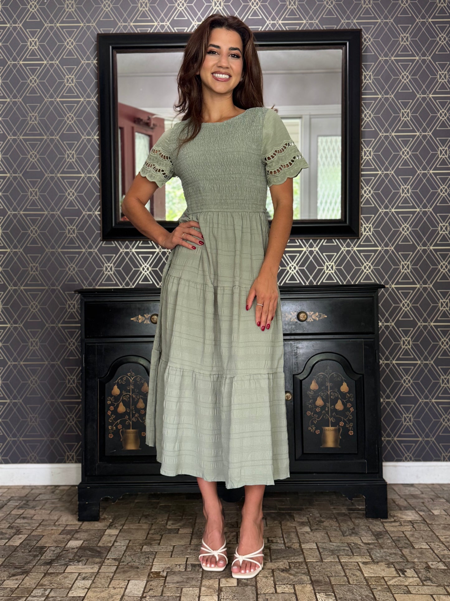 Lace Round Neck Ruched Fit Ruffle - Light Green