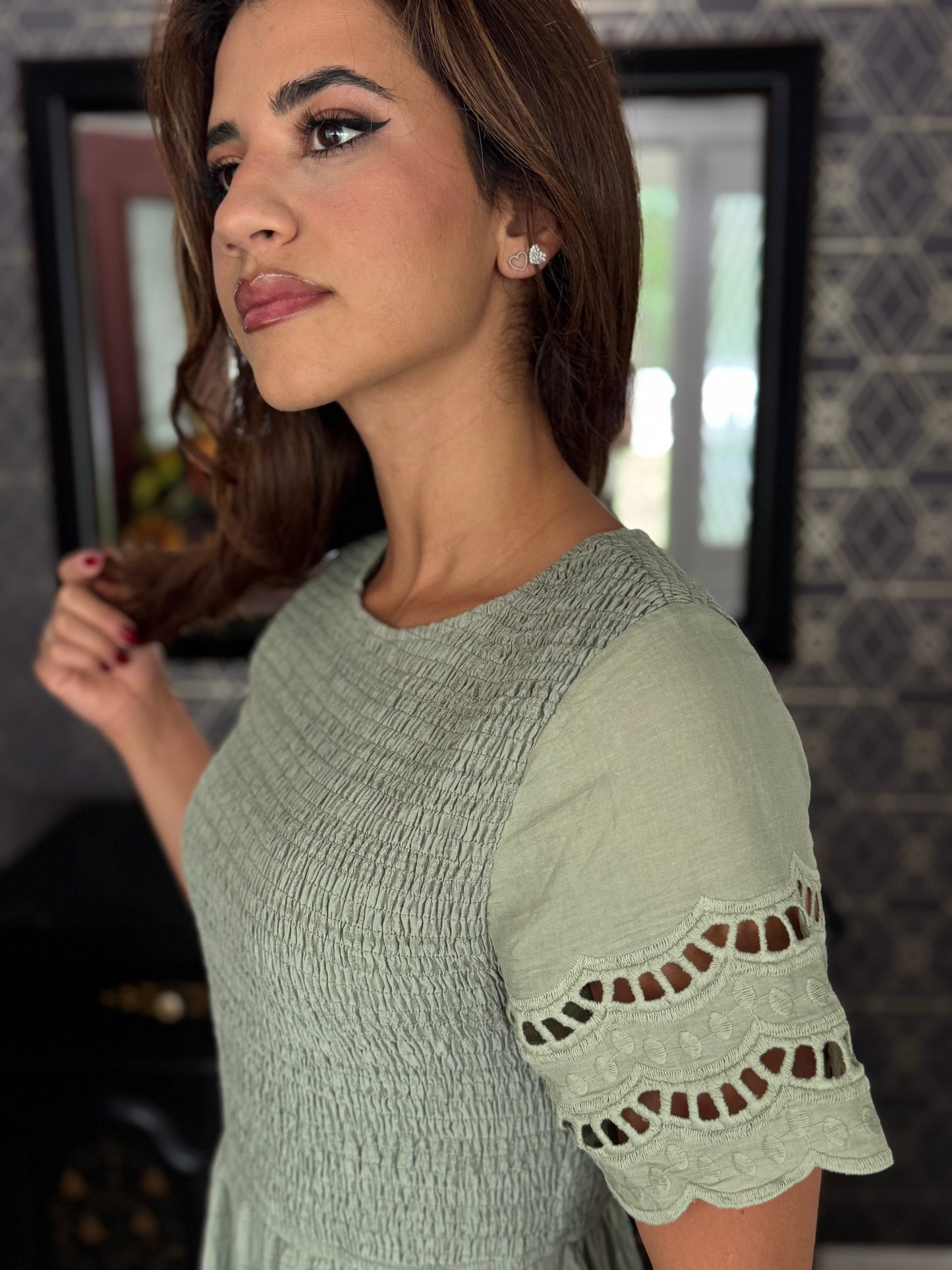Lace Round Neck Ruched Fit Ruffle - Light Green