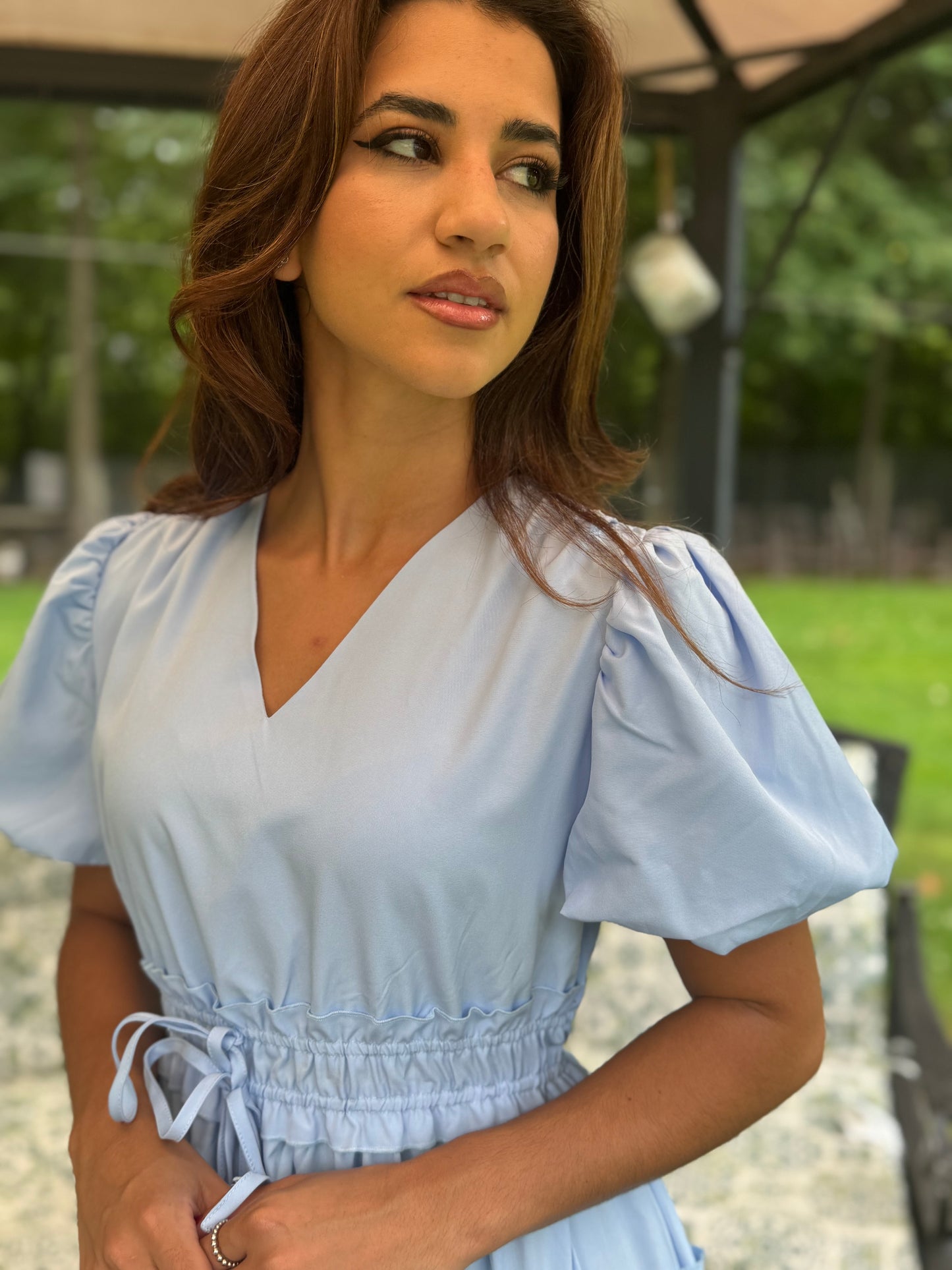 Solid V Neck Puff Sleeve Elastic waist (Available in Navy and Lt. Blue)