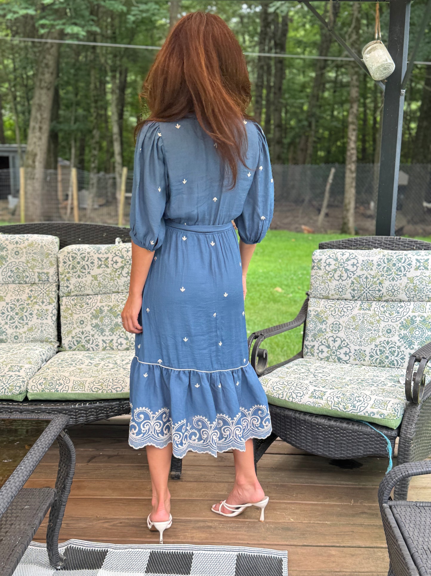 V Neck Embroidered Dress with Waits Tie - Chambray