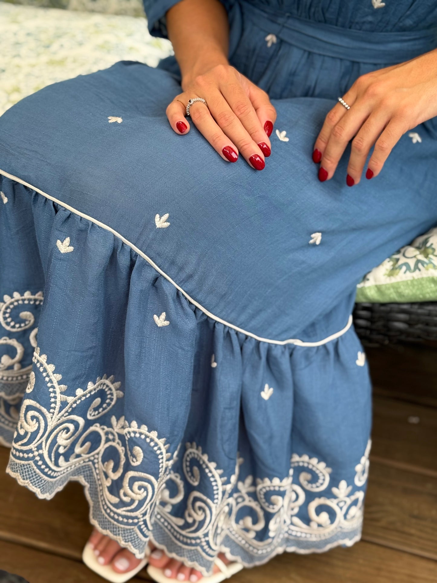 V Neck Embroidered Dress with Waits Tie - Chambray
