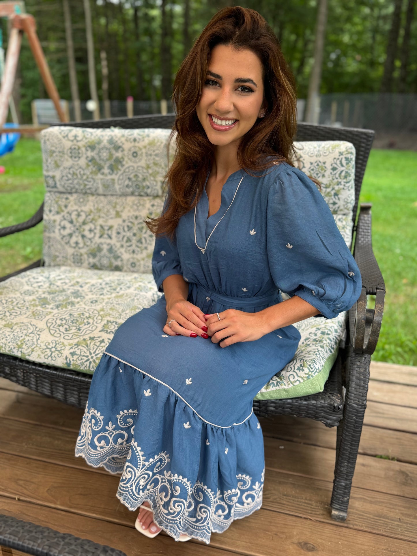 V Neck Embroidered Dress with Waits Tie - Chambray