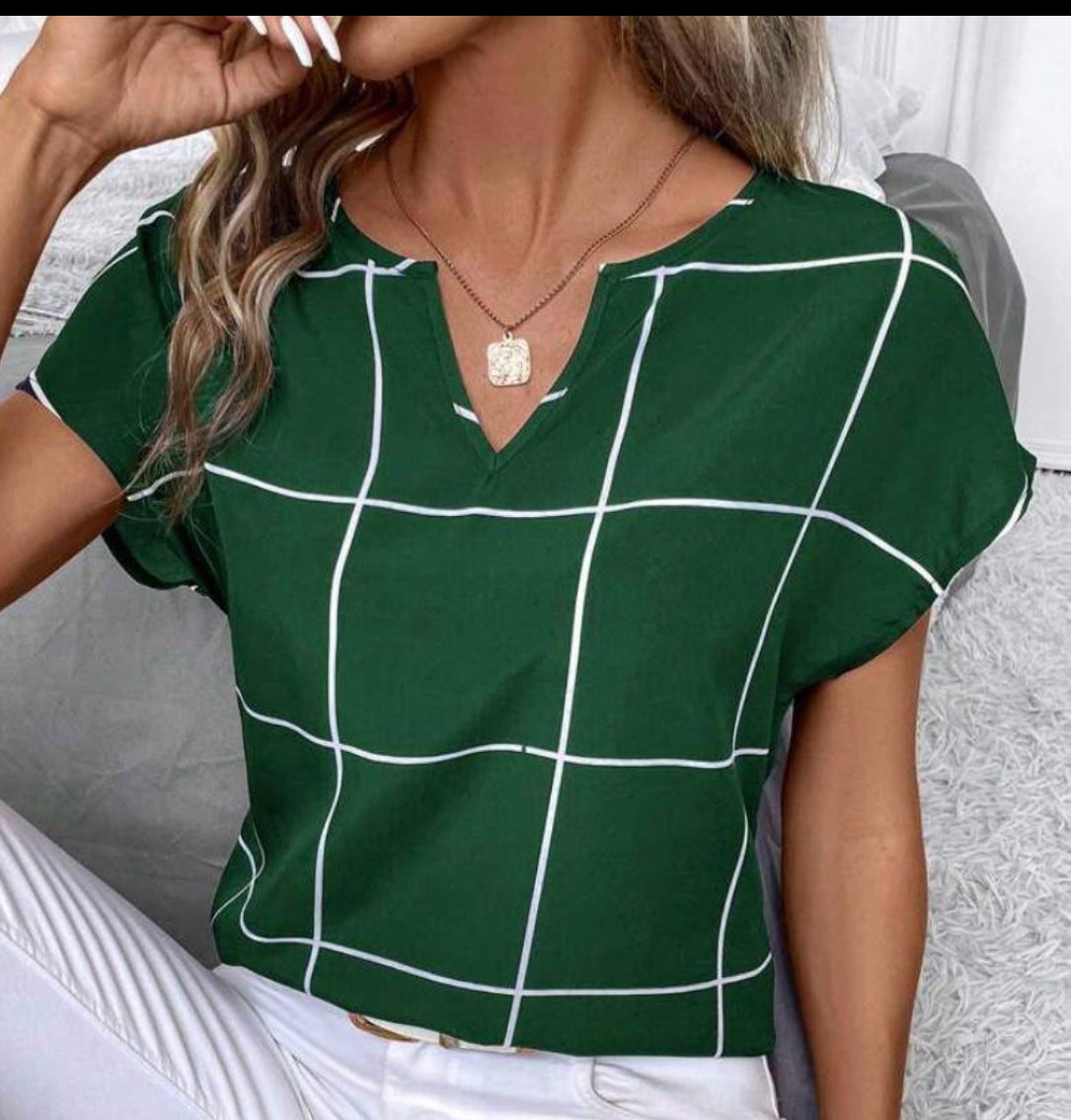 Short Sleeve Plaid Blouse - Green
