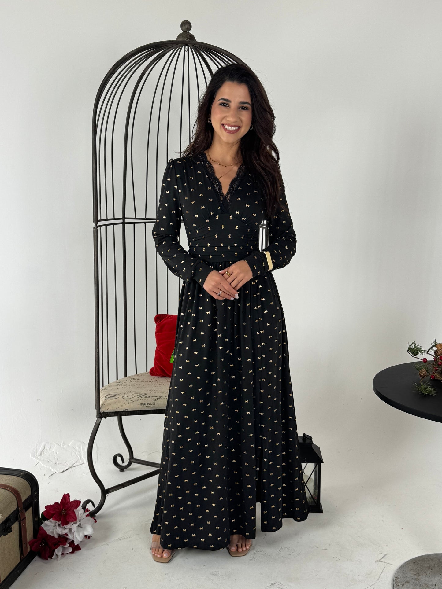 Elegant Vintage V Neck Lace Print Maxi Dress with Gold Bow