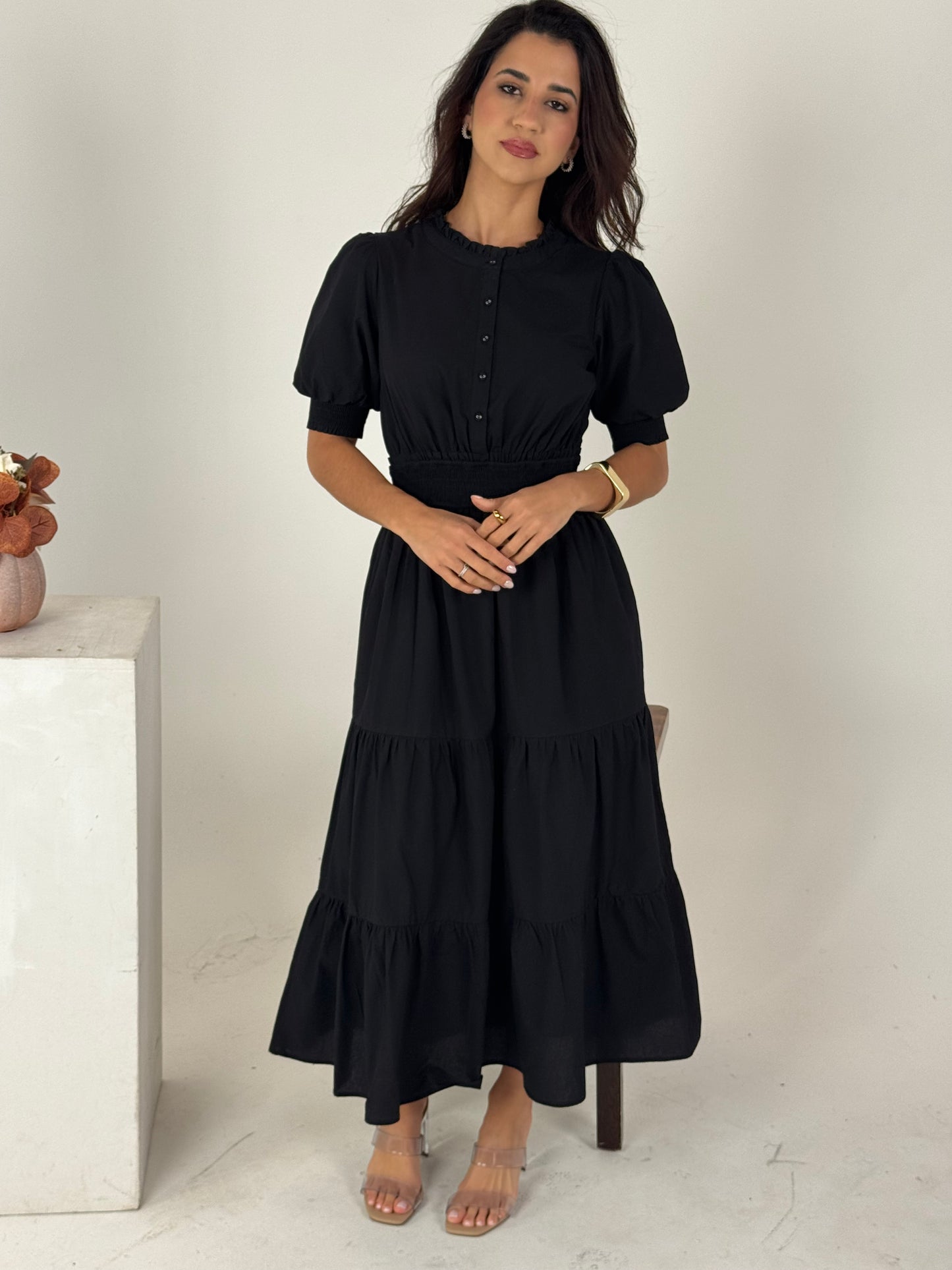 Short Sleeve Waist Smocking Tiered Dress - Black