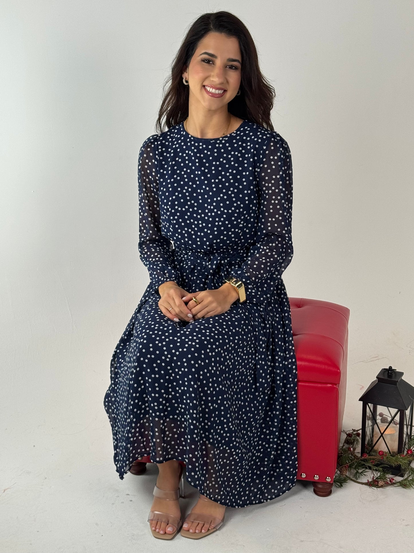 Dot Print Lantern Sleeve Belted Midi Dress - Navy