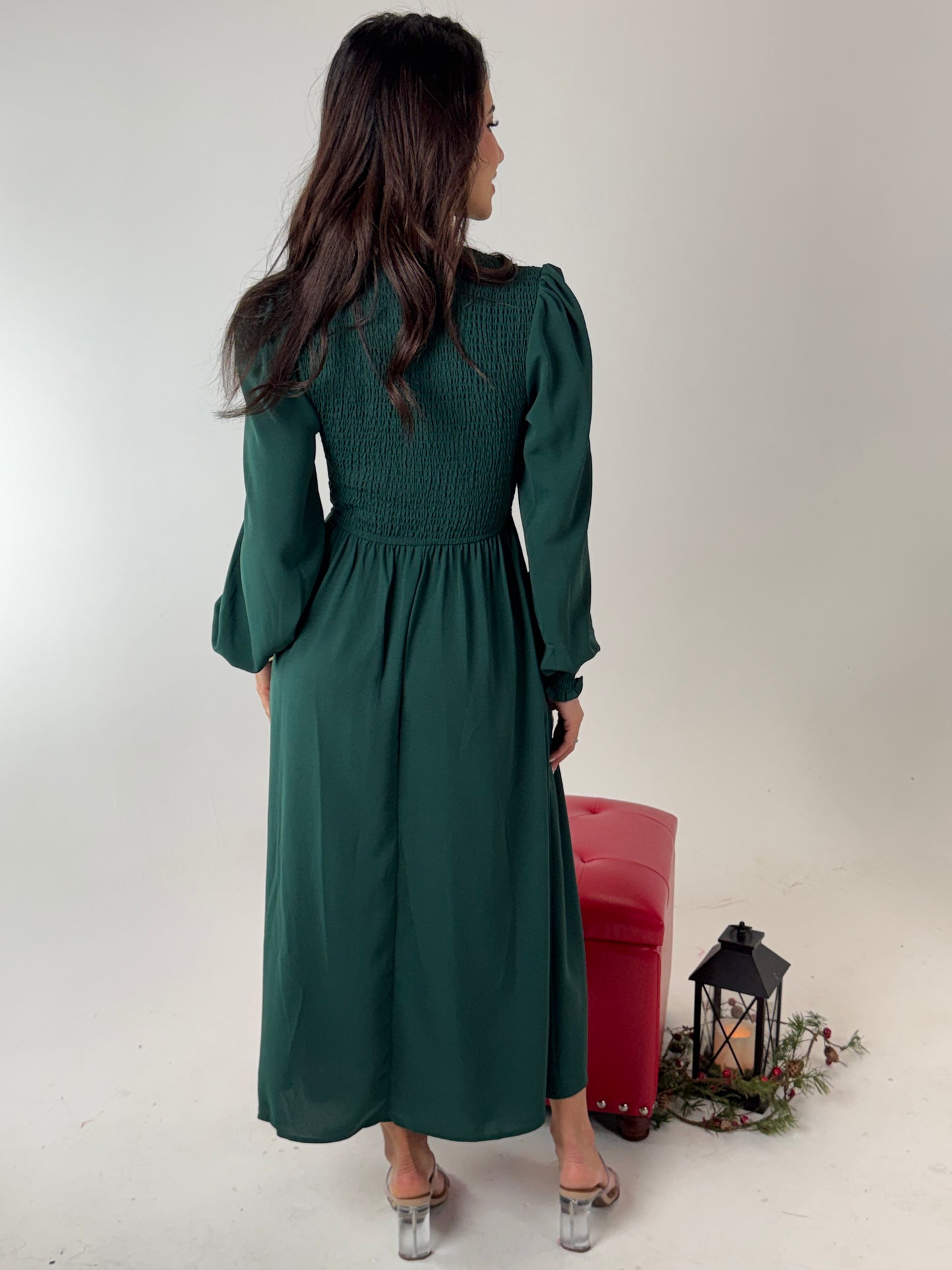 Elegant Green Long Sleeve Smocked Waist Midi Dress