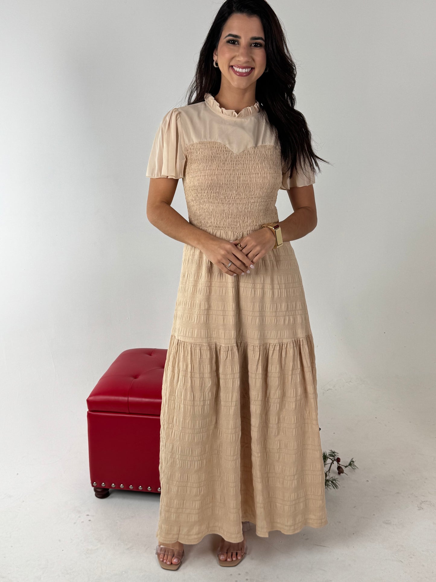 Ruffle Sleeve and Hem Top Shirred Crew Neck Dress - Khaki