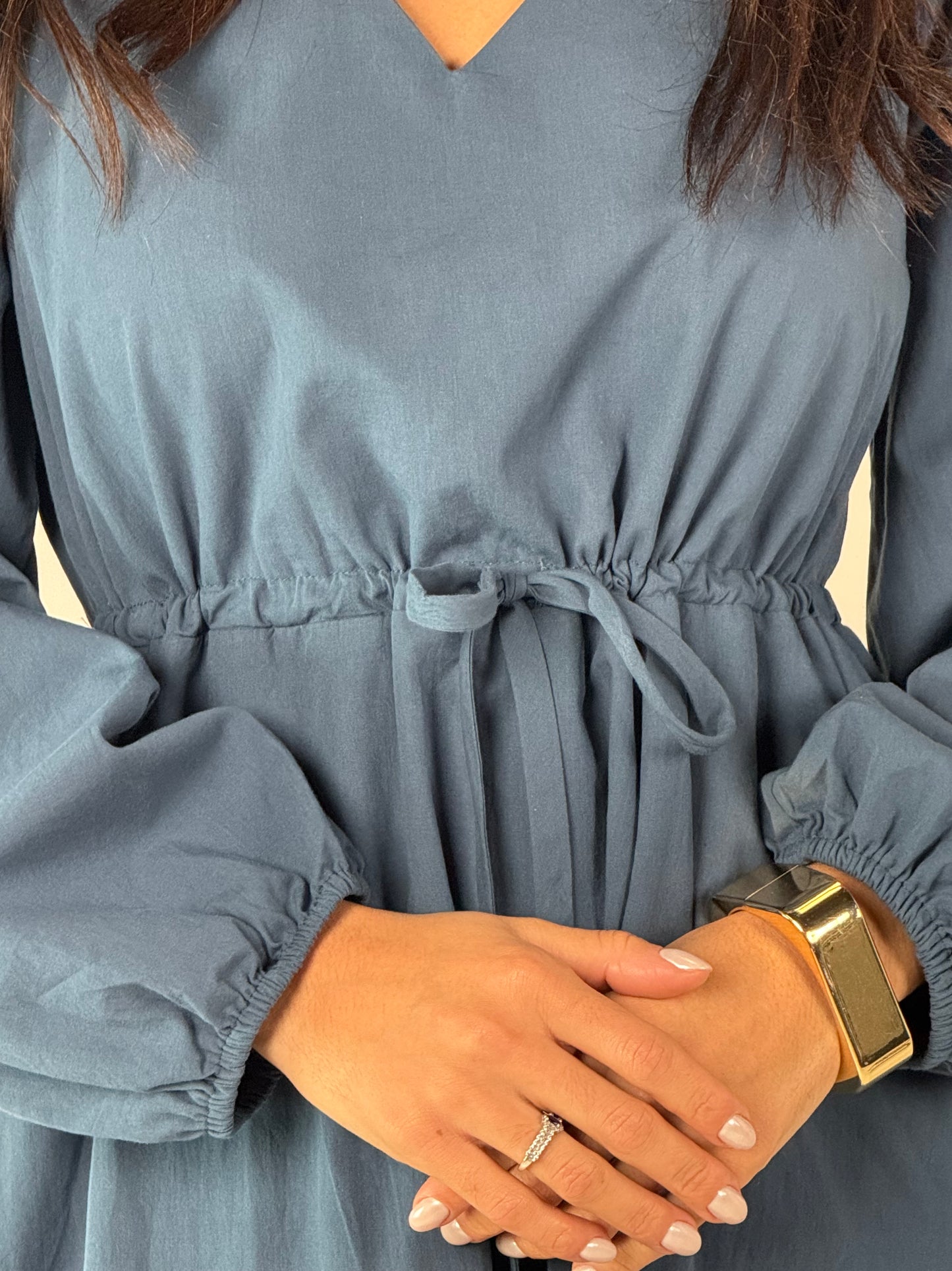 V Neck Waist Tie and Tiered Long Sleeve Maxi Dress - DK Denim