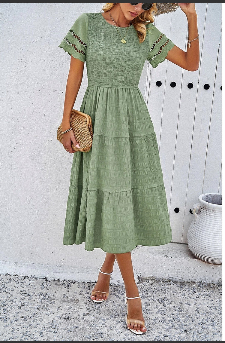 Lace Round Neck Ruched Fit Ruffle - Light Green