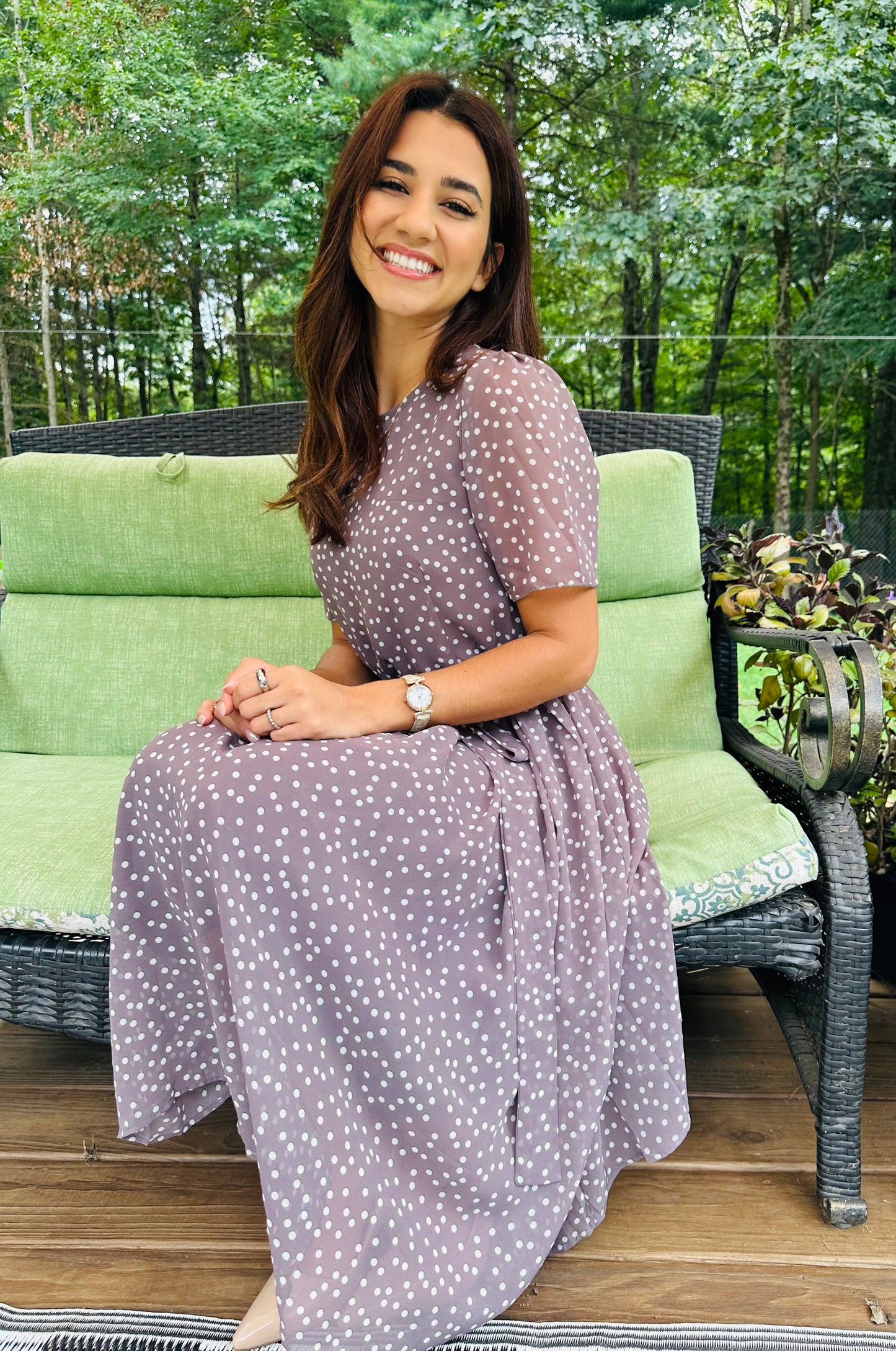 Swiss Dot Round Neck Leaf Swing Dress - Brown