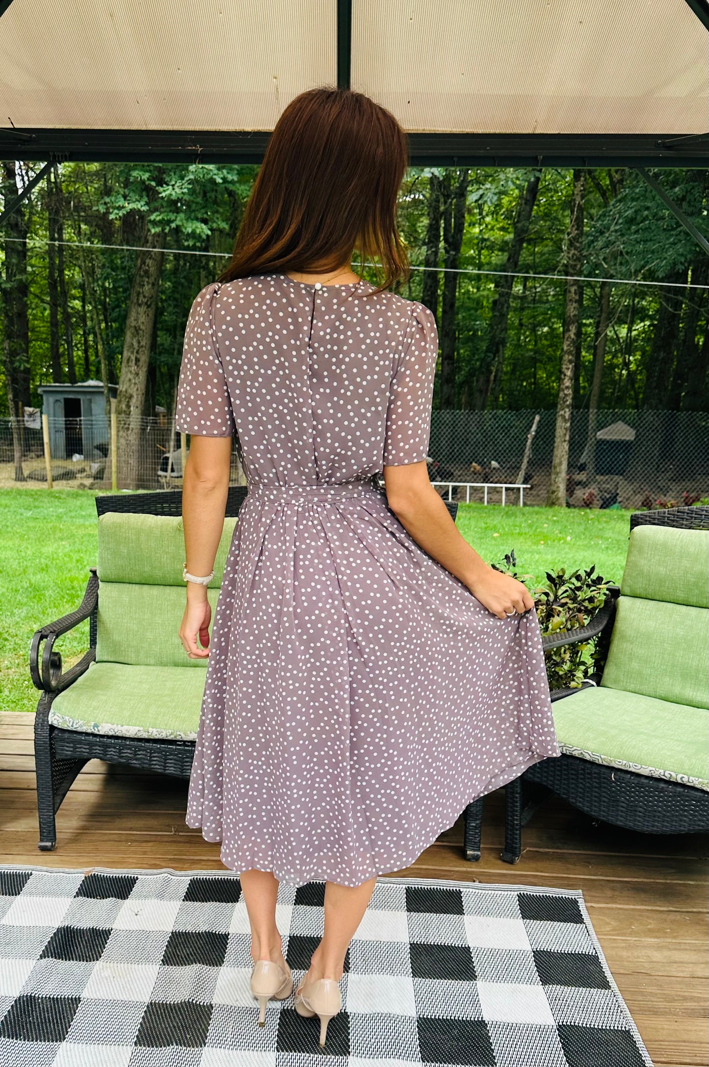 Swiss Dot Round Neck Leaf Swing Dress - Brown