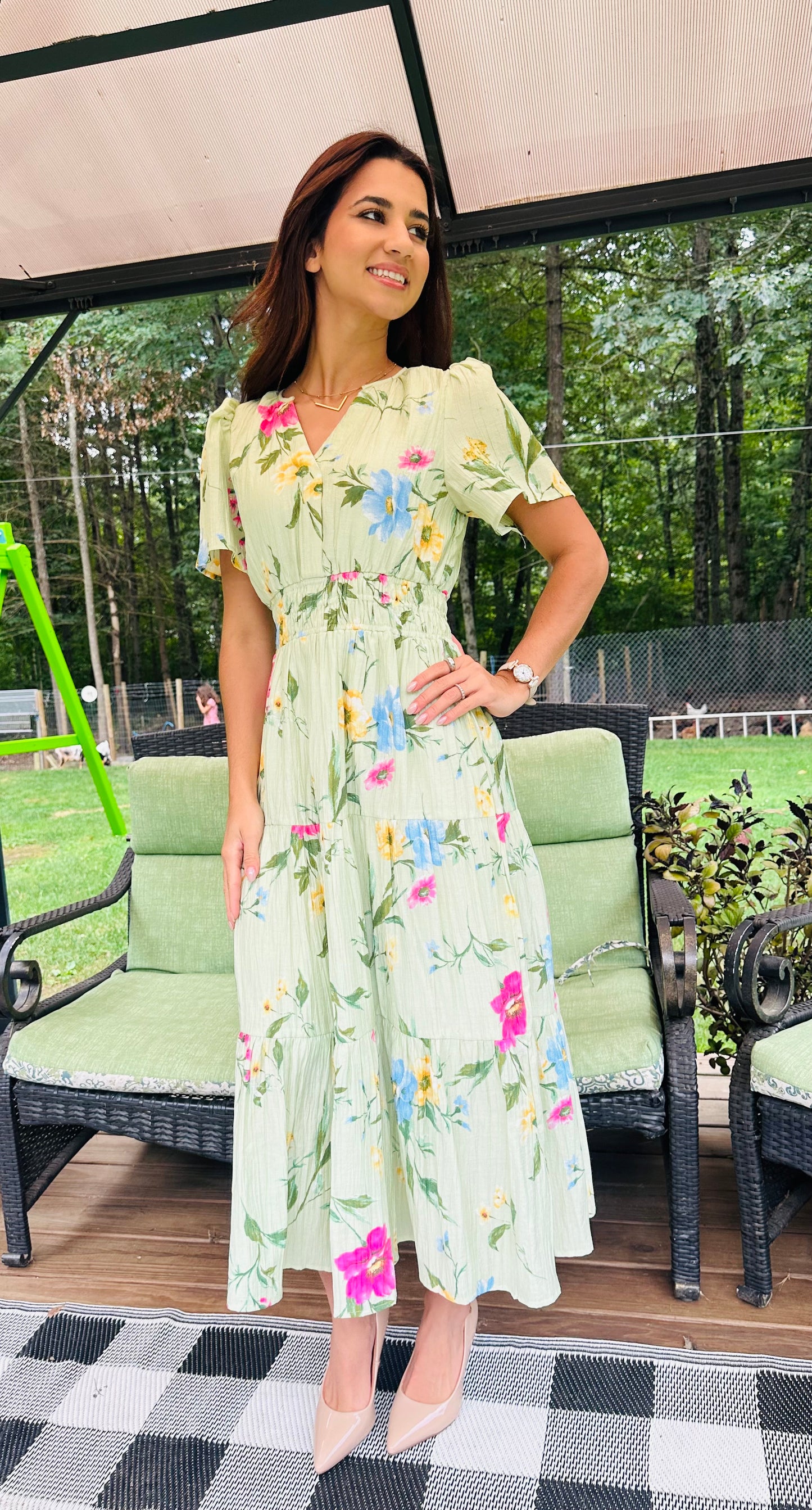 Multicolor Floral Sleeve Tiered Midi Dress - Sage multi