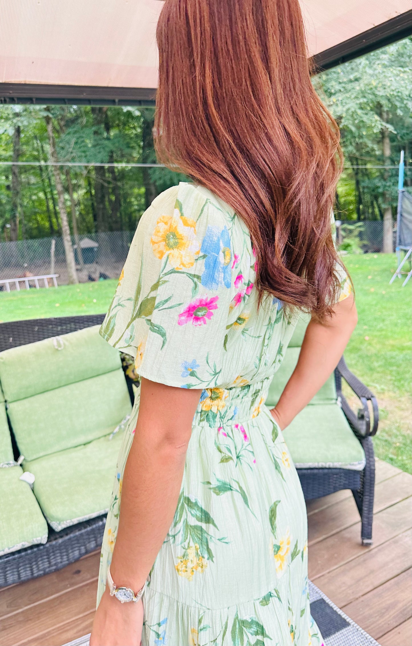 Multicolor Floral Sleeve Tiered Midi Dress - Sage multi
