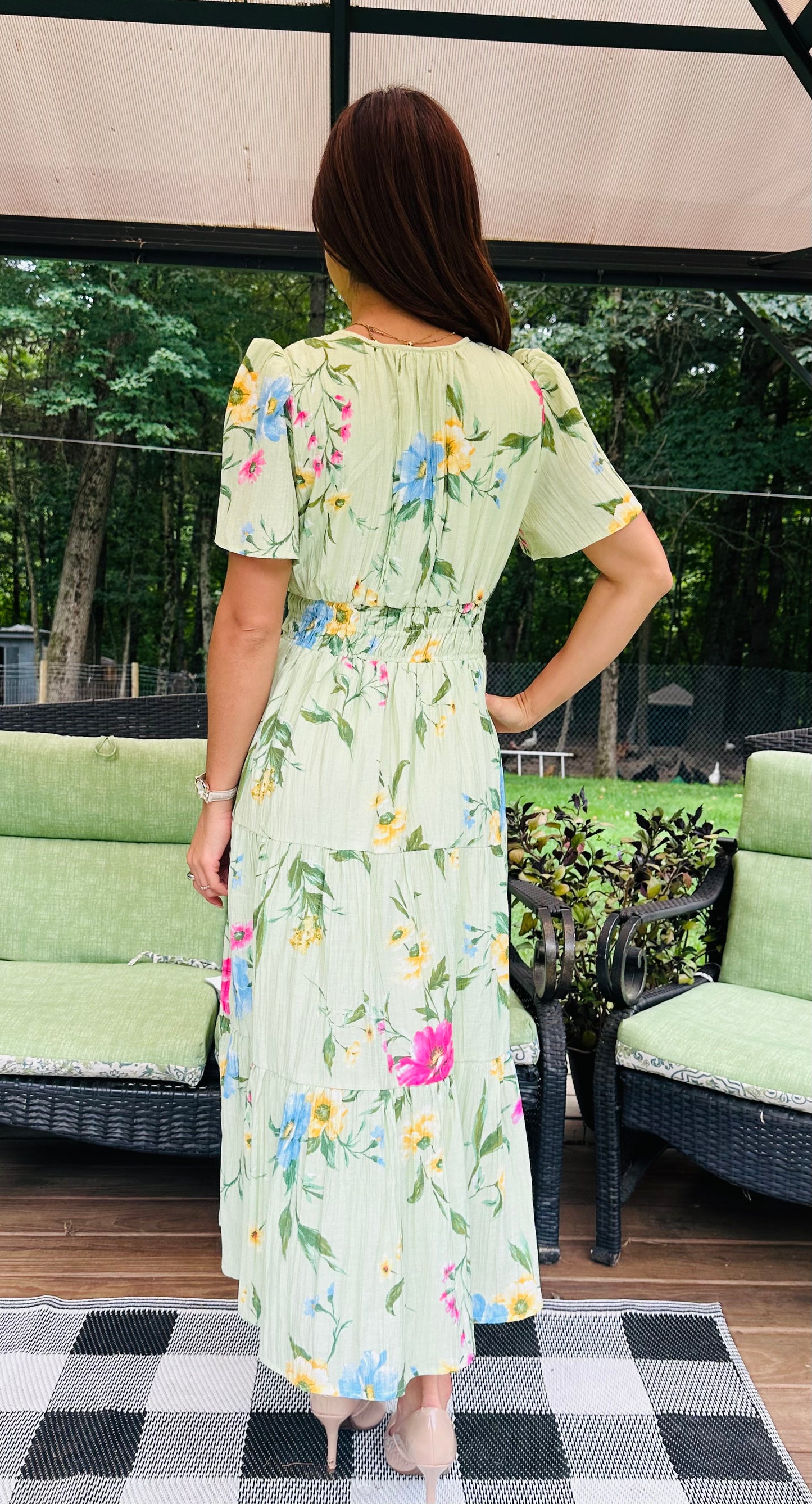 Multicolor Floral Sleeve Tiered Midi Dress - Sage multi