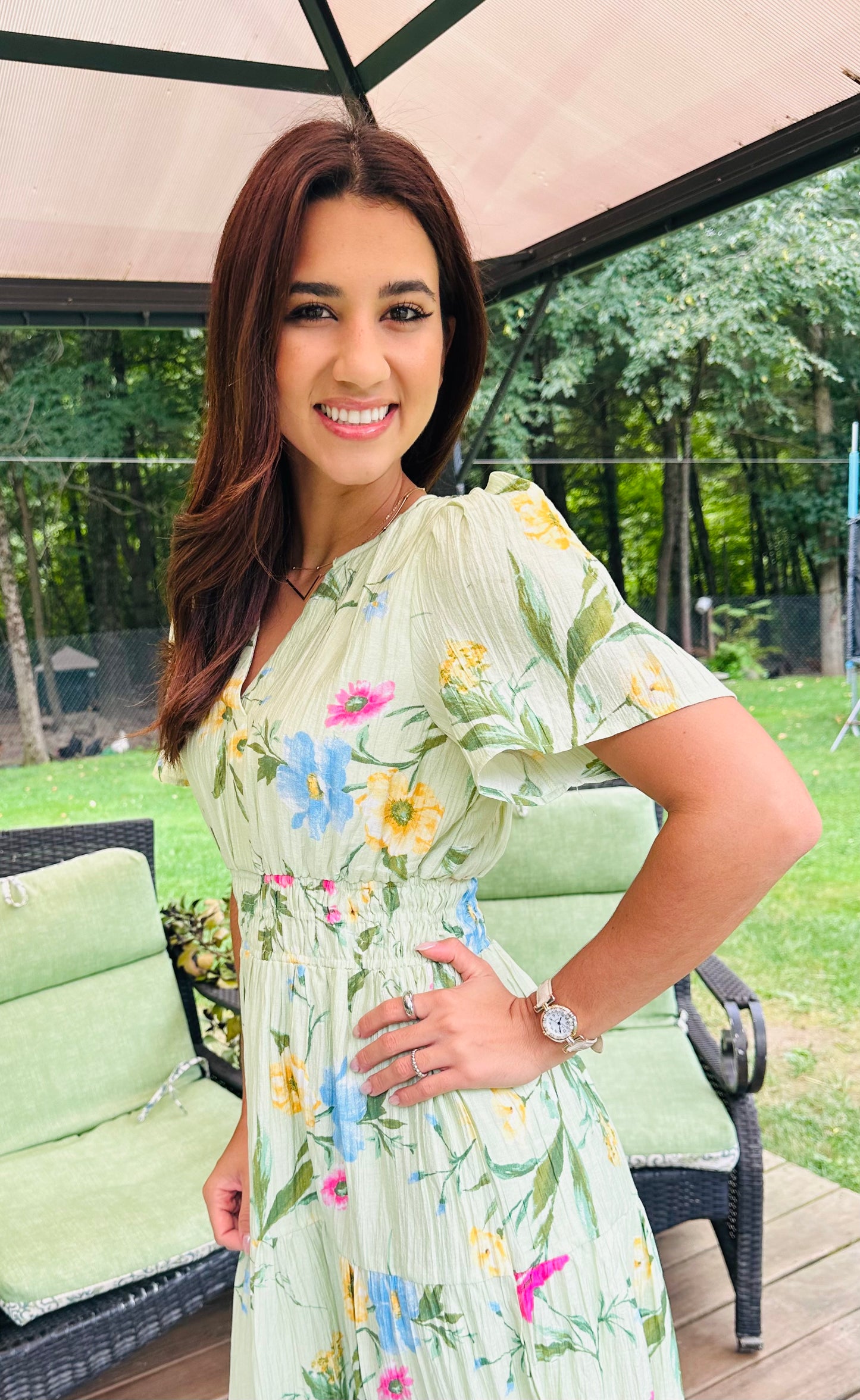 Multicolor Floral Sleeve Tiered Midi Dress - Sage multi