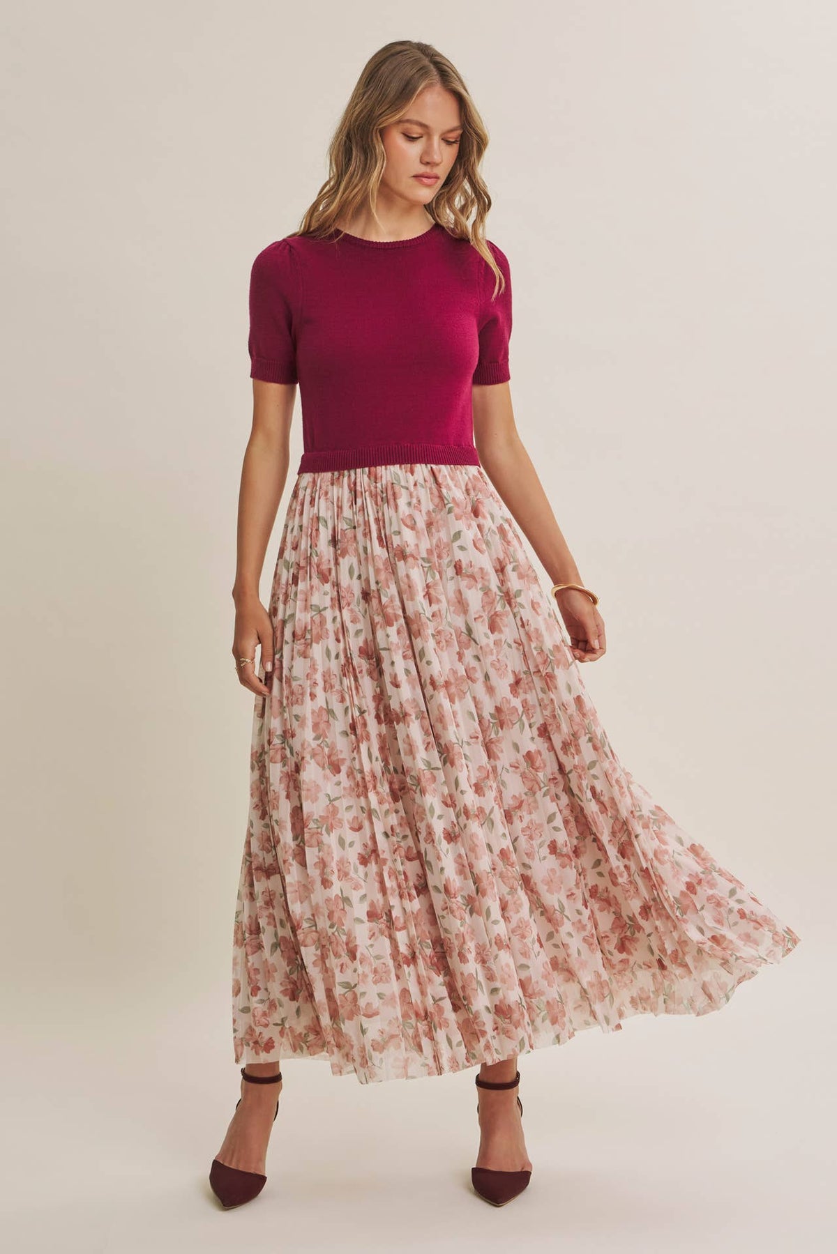 Wine Country Pleated Wildflowers Sweater Twofer Maxi Dress - Burgundy Blush