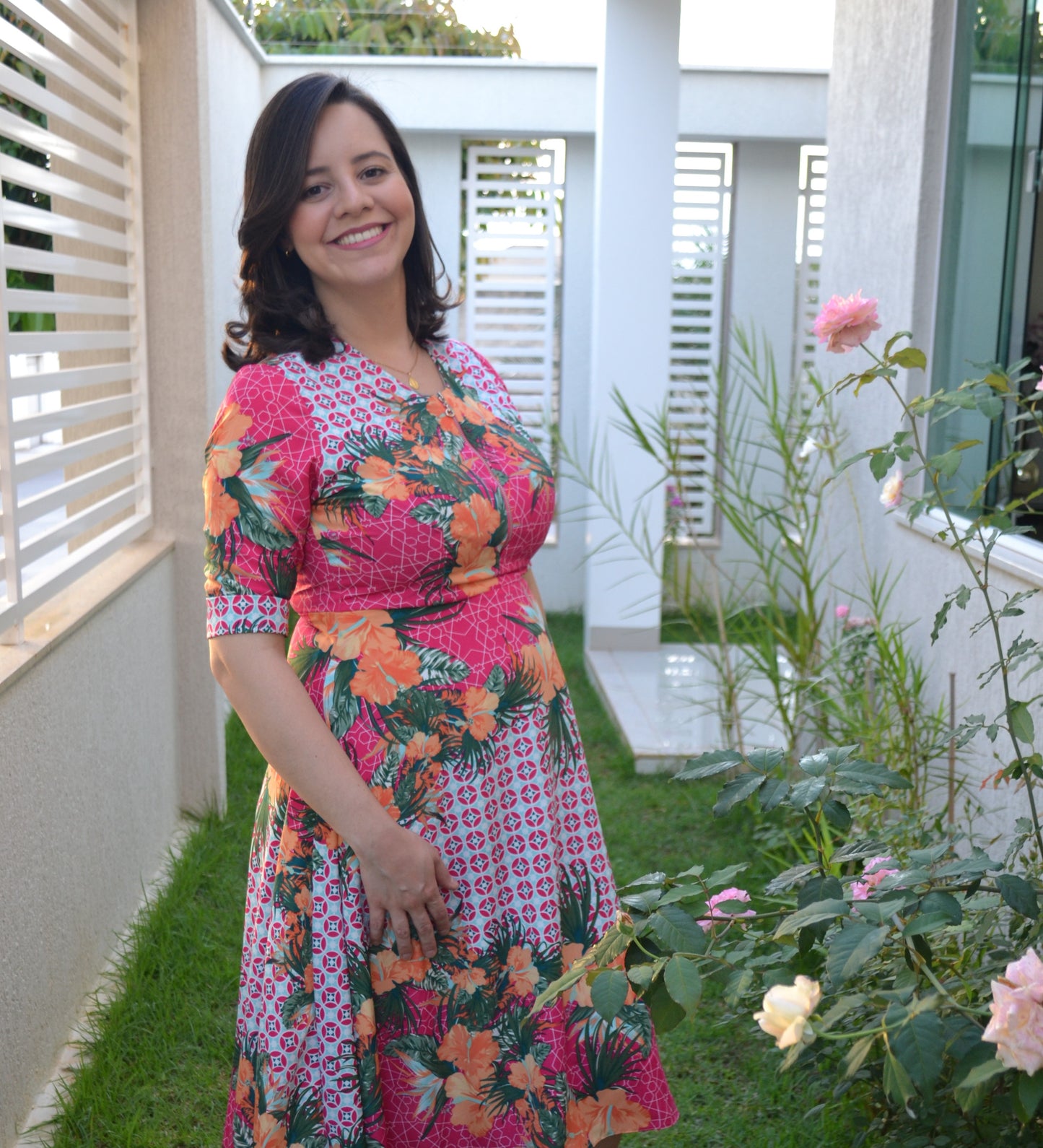 PINK MIDI DRESS WITH ORANGE FLOWERS