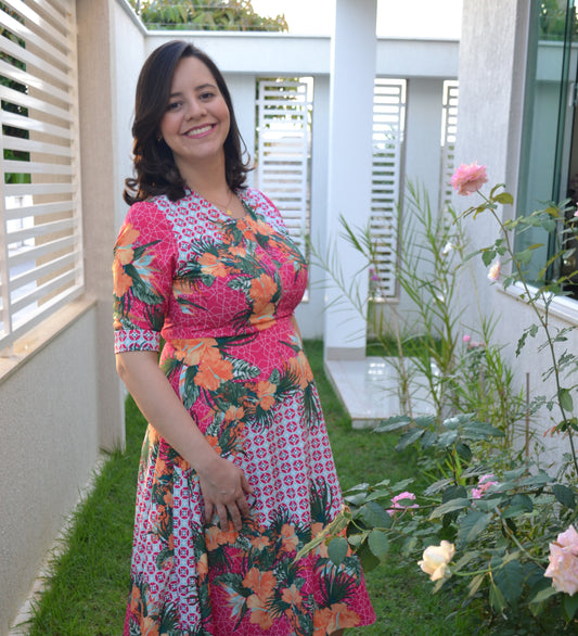 PINK MIDI DRESS WITH ORANGE FLOWERS