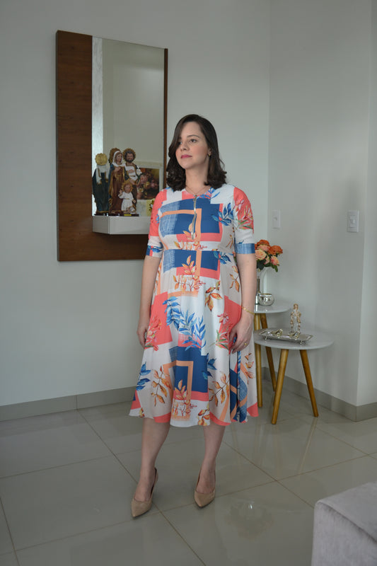 Off White Midi Dress with Blue and Salmon Squares