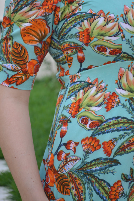 AQUA GREEN MAXI DRESS WITH ORANGE FLOWERS