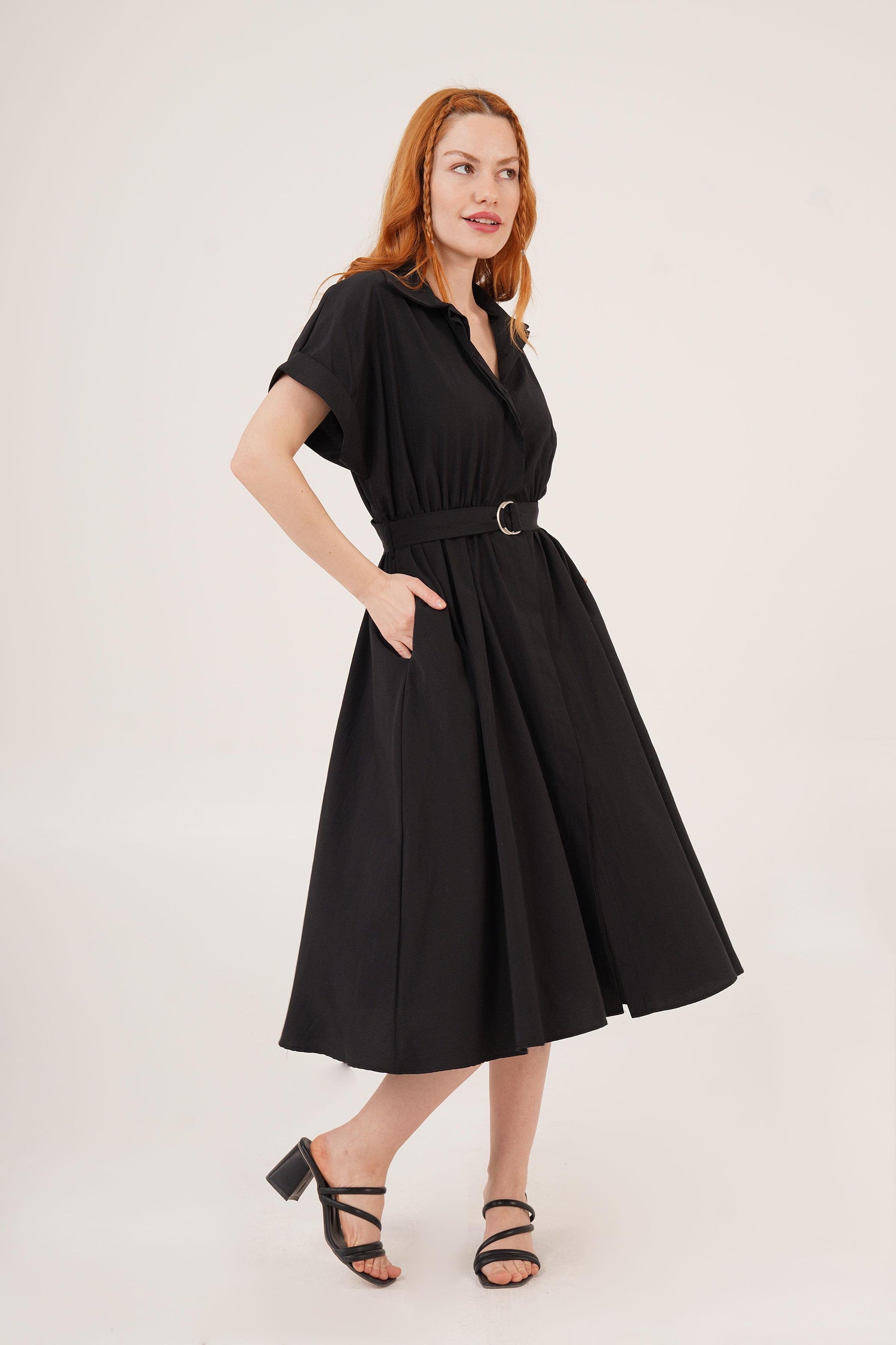 Black Dress With Shirt Collar, Hidden Buttoned, Belt pockets Style & Dignity Black Dress With Shirt Collar, Hidden Buttoned, Belt pockets Style & Dignity