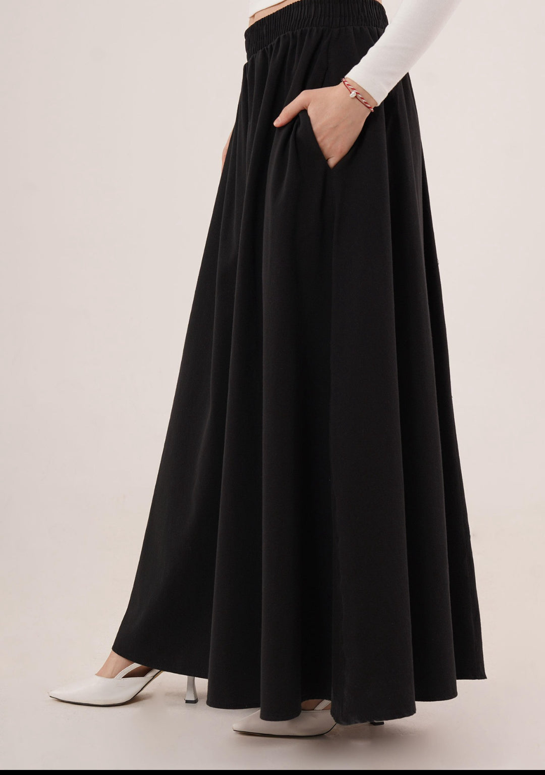 Elastic Waist Pocket Detailed Long Black