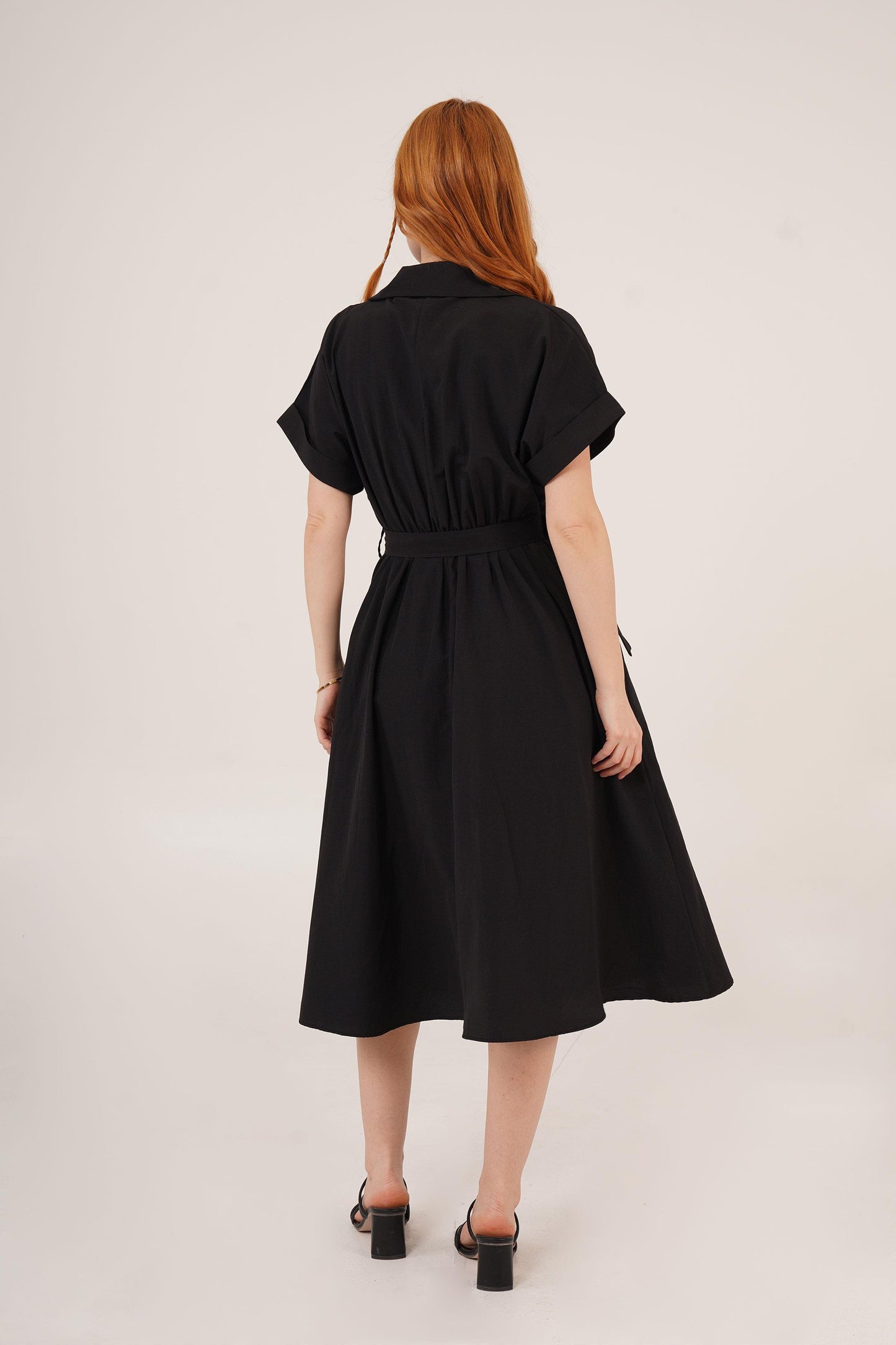 Black Dress With Shirt Collar, Hidden Buttoned, Belt pockets